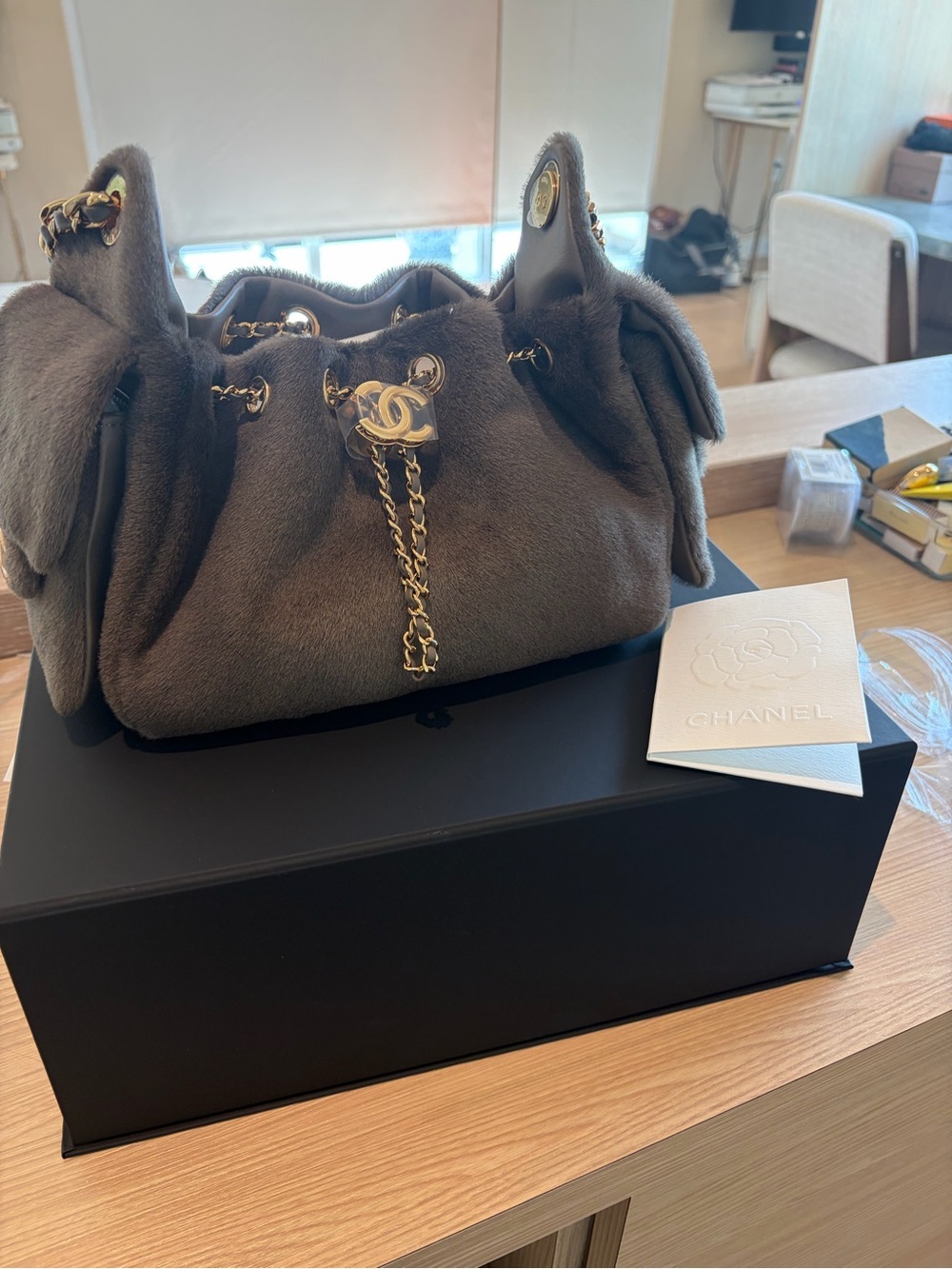 Chanel Gray Suede Drawstring Shoulder Bag
